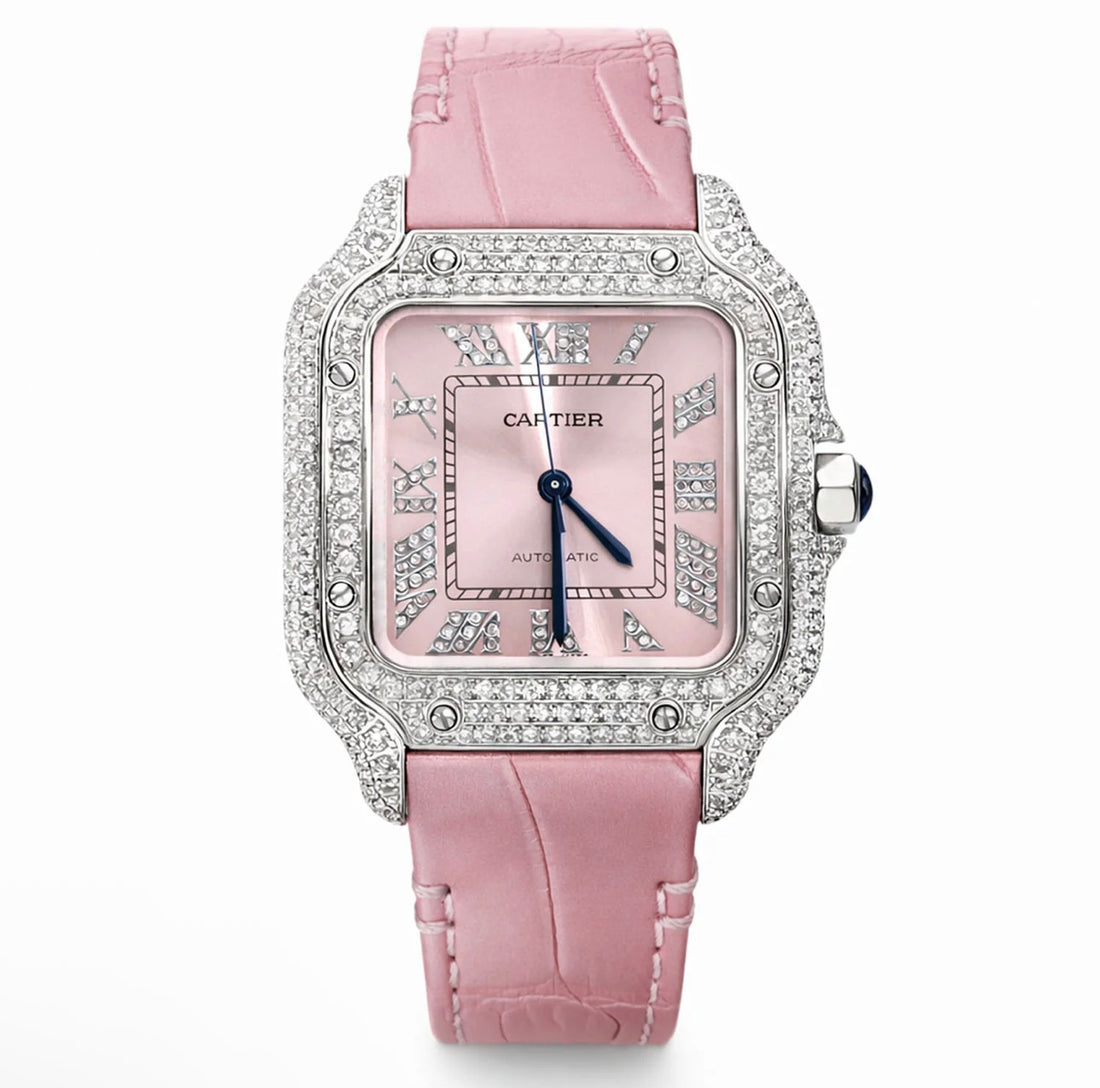 Moissanite Cartier Santos Roman Pink Dial Watch