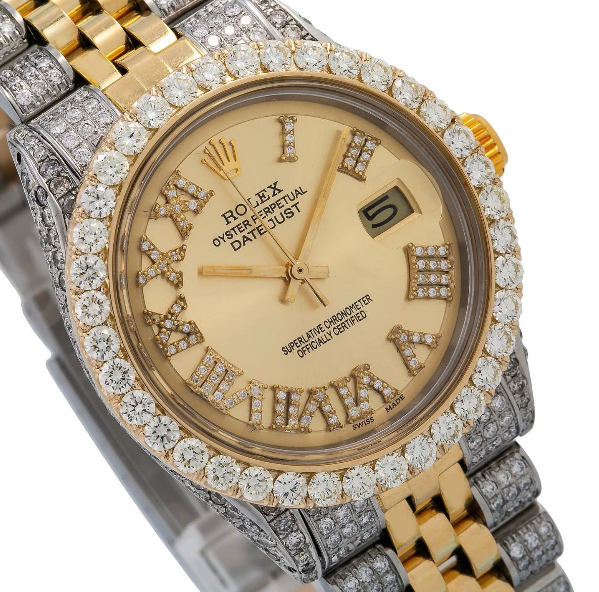 Rolex Datejust Two-Tone Gold – Champagne Roman Dial – Moissanite Bustdown