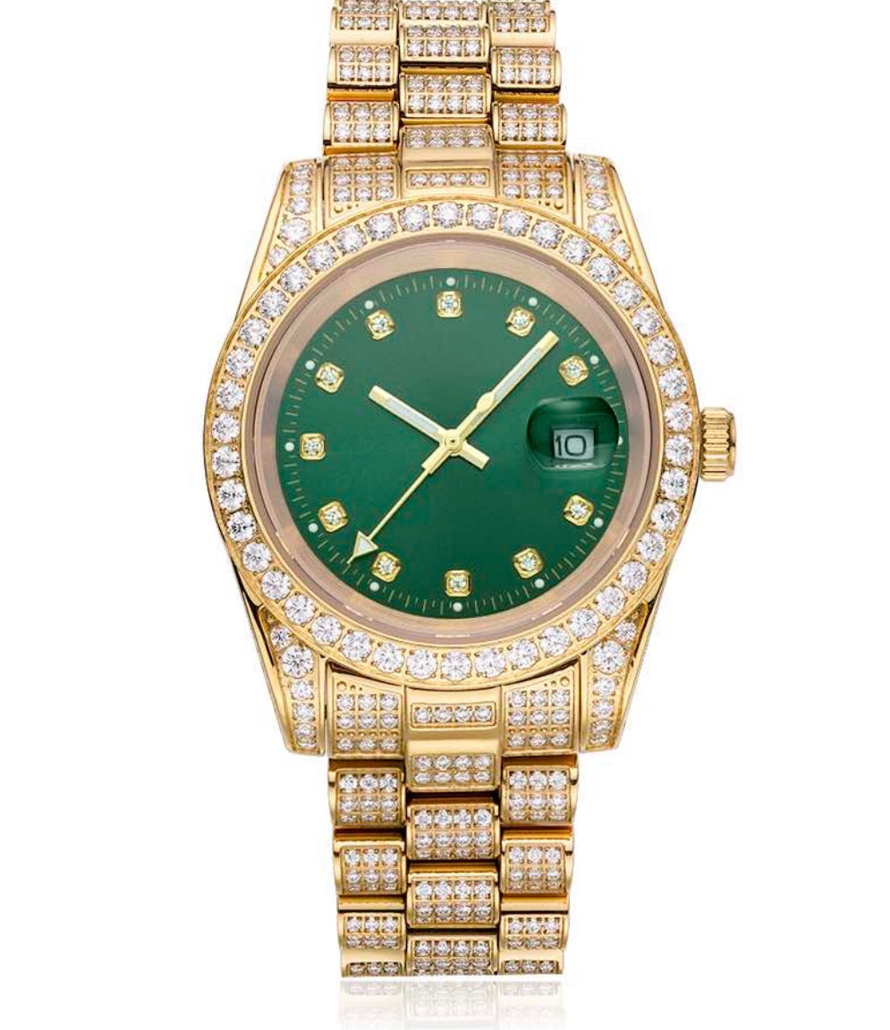 ROLEX MOISSANITE PRESIDENTIAL WATCH | GREEN FACE 14K YELLOW GOLD