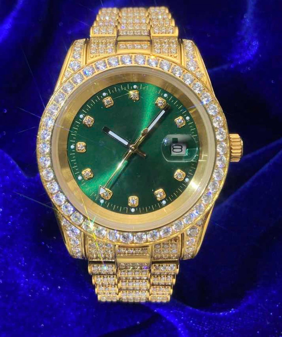 ROLEX MOISSANITE PRESIDENTIAL WATCH | GREEN FACE 14K YELLOW GOLD
